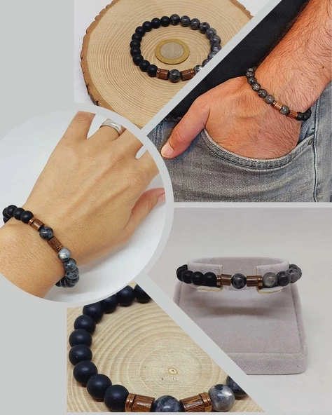 Spektrolit & Oniks Taşı 8mm Unisex Tasarım Bileklik Hawaii Model (3200) ürün görseli