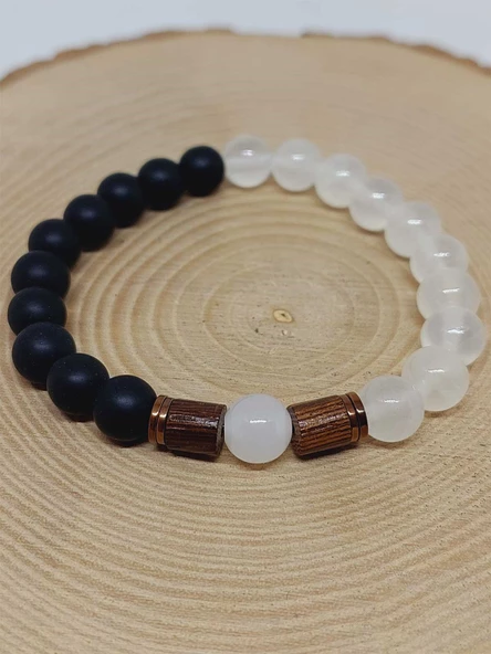 Selenit & Oniks Taşı 8mm Unisex Tasarım Bileklik Hawaii Model (14410) - Resim 6