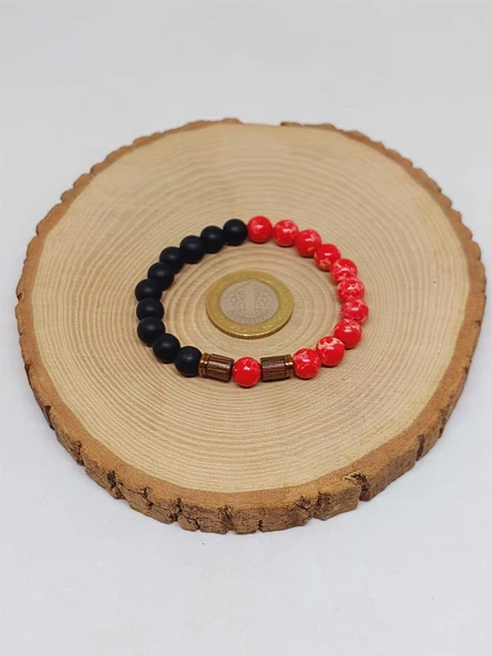 Varisit Nar Kırmızısı & Oniks Taşı 8mm Unisex Tasarım Bileklik Hawaii Model (15455) - Resim 5