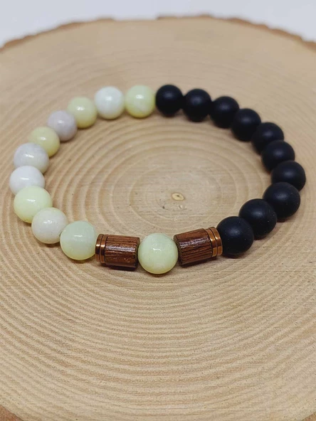 Peridot (Zebercet) Taşı Yeşil-Beyaz Alacalı & Oniks Taşı 8mm Unisex Tasarım Bileklik Hawaii Model - Resim 6