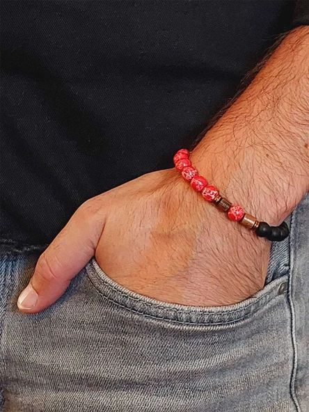 Varisit Nar Kırmızısı & Oniks Taşı 8mm Unisex Tasarım Bileklik Hawaii Model (15455) - Resim 3