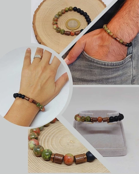 Unakit & Oniks Taşı 8mm Unisex Tasarım Bileklik Hawaii Model (4356) ürün görseli