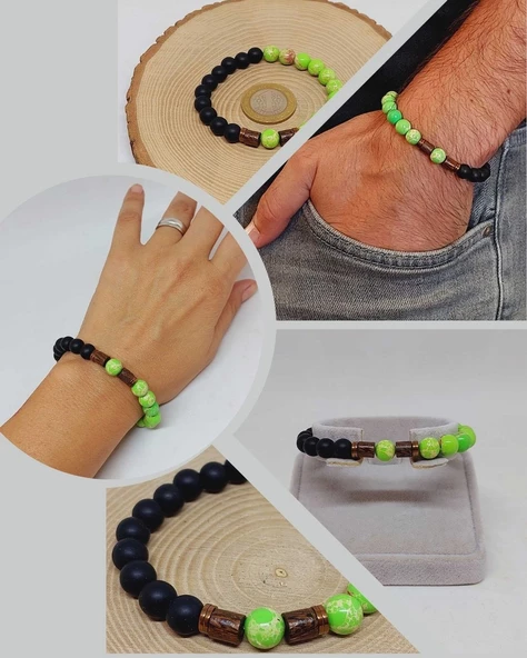 Varisit Açık Yeşil & Oniks Taşı 8mm Unisex Tasarım Bileklik Hawaii Model (15460) ürün görseli