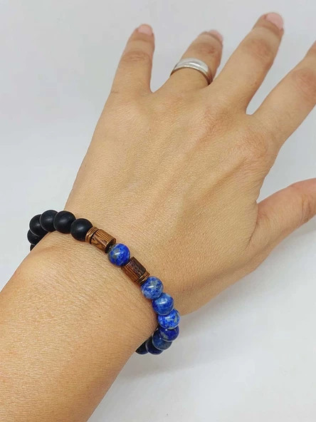 Lapis & Oniks Taşı 8mm Unisex Tasarım Bileklik Hawaii Model (9420) - Resim 4