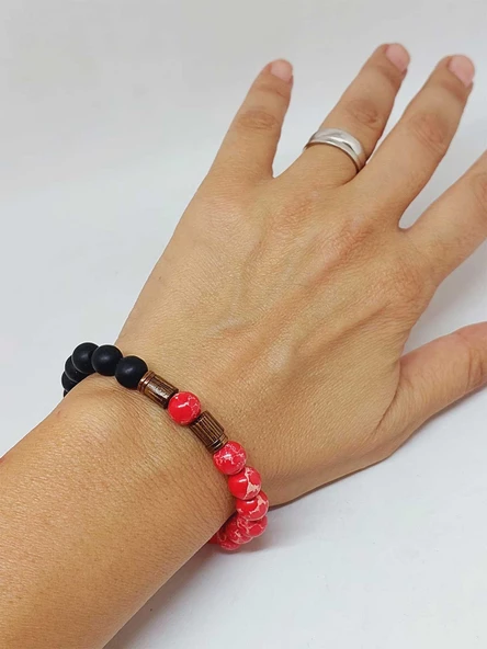 Varisit Nar Kırmızısı & Oniks Taşı 8mm Unisex Tasarım Bileklik Hawaii Model (15455) - Resim 4