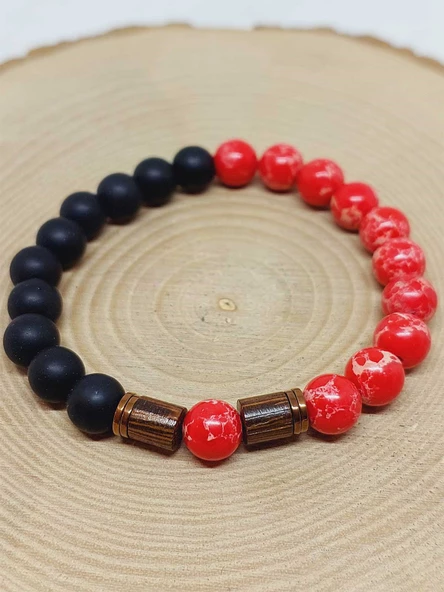 Varisit Nar Kırmızısı & Oniks Taşı 8mm Unisex Tasarım Bileklik Hawaii Model (15455) - Resim 6