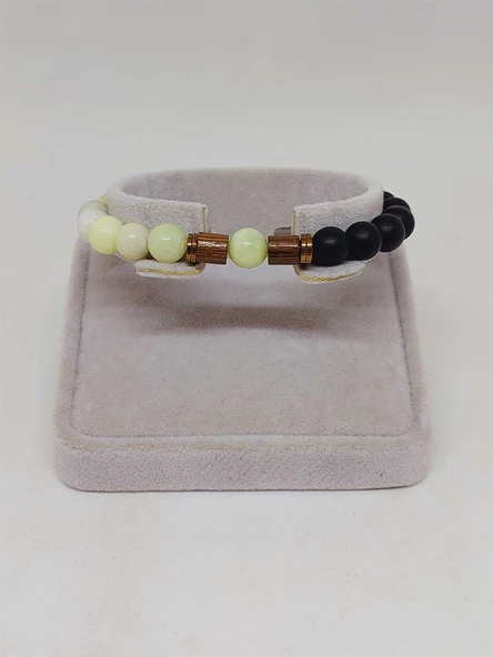 Peridot (Zebercet) Taşı Yeşil-Beyaz Alacalı & Oniks Taşı 8mm Unisex Tasarım Bileklik Hawaii Model - Resim 2