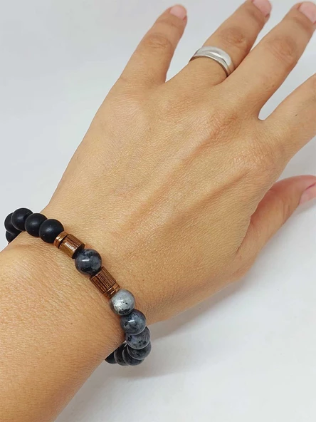 Spektrolit & Oniks Taşı 8mm Unisex Tasarım Bileklik Hawaii Model (3200) - Resim 4