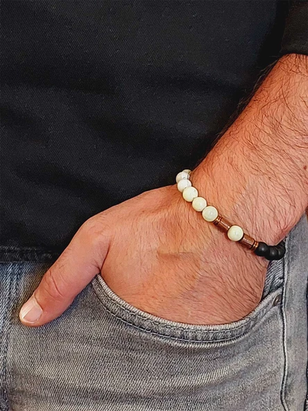 Peridot (Zebercet) Taşı Yeşil-Beyaz Alacalı & Oniks Taşı 8mm Unisex Tasarım Bileklik Hawaii Model - Resim 3