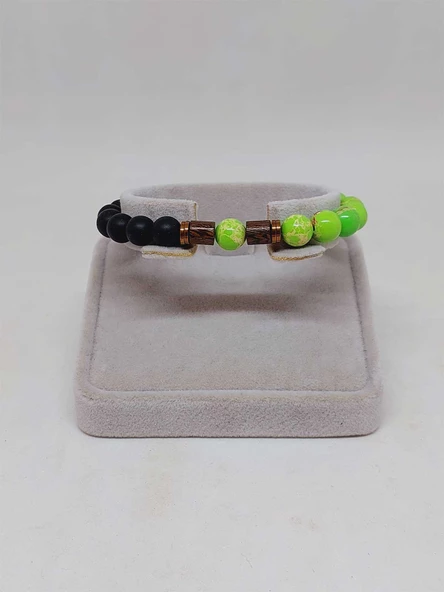 Varisit Açık Yeşil & Oniks Taşı 8mm Unisex Tasarım Bileklik Hawaii Model (15460) - Resim 2