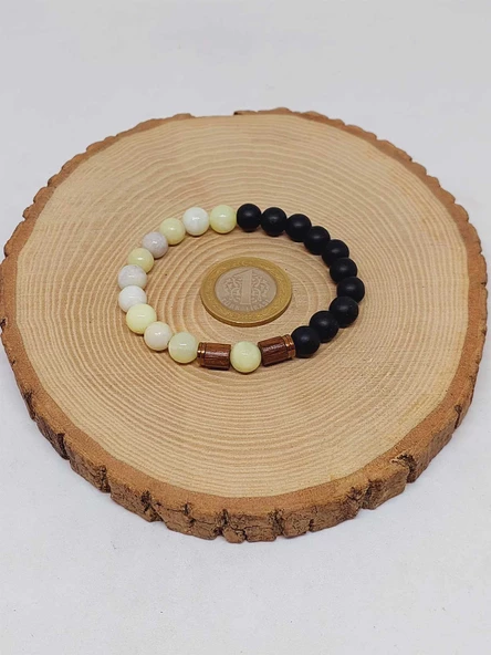 Peridot (Zebercet) Taşı Yeşil-Beyaz Alacalı & Oniks Taşı 8mm Unisex Tasarım Bileklik Hawaii Model - Resim 5