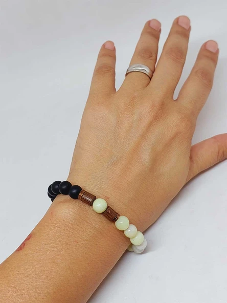 Peridot (Zebercet) Taşı Yeşil-Beyaz Alacalı & Oniks Taşı 8mm Unisex Tasarım Bileklik Hawaii Model - Resim 4