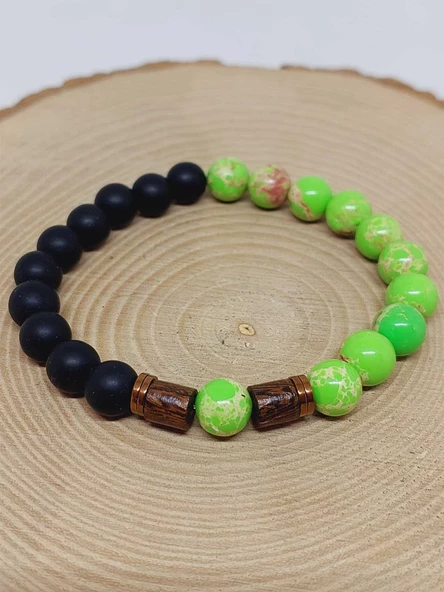 Varisit Açık Yeşil & Oniks Taşı 8mm Unisex Tasarım Bileklik Hawaii Model (15460) - Resim 6