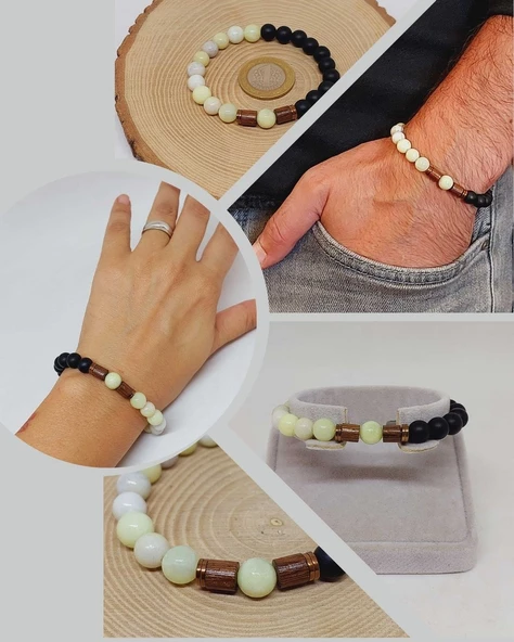 Peridot (Zebercet) Taşı Yeşil-Beyaz Alacalı & Oniks Taşı 8mm Unisex Tasarım Bileklik Hawaii Model ürün görseli