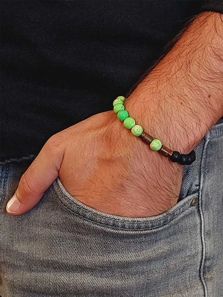 Varisit Açık Yeşil & Oniks Taşı 8mm Unisex Tasarım Bileklik Hawaii Model (15460) - Resim 3