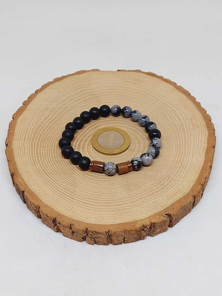 Kar Tanesi Obsidyen & Oniks Taşı 8mm Unisex Tasarım Bileklik Hawaii Model (5640) - Resim 5
