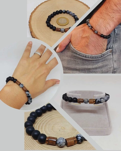 Kar Tanesi Obsidyen & Oniks Taşı 8mm Unisex Tasarım Bileklik Hawaii Model (5640) ürün görseli