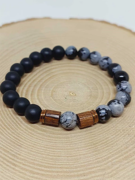 Kar Tanesi Obsidyen & Oniks Taşı 8mm Unisex Tasarım Bileklik Hawaii Model (5640) - Resim 6