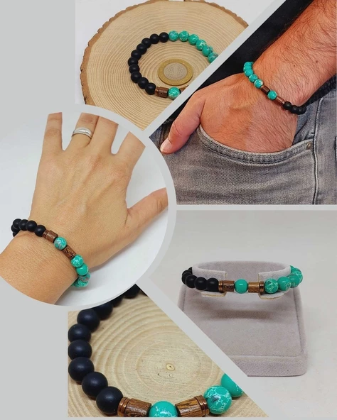 Varisit Turkuaz & Oniks Taşı 8mm Unisex Tasarım Bileklik Hawaii Model (15465) ürün görseli