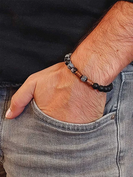 Kar Tanesi Obsidyen & Oniks Taşı 8mm Unisex Tasarım Bileklik Hawaii Model (5640) - Resim 3