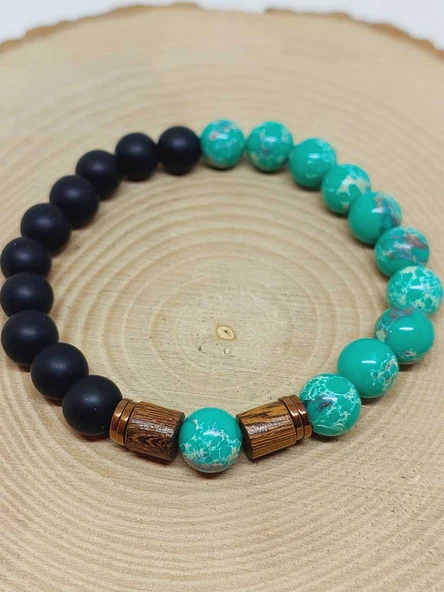 Varisit Turkuaz & Oniks Taşı 8mm Unisex Tasarım Bileklik Hawaii Model (15465) - Resim 6