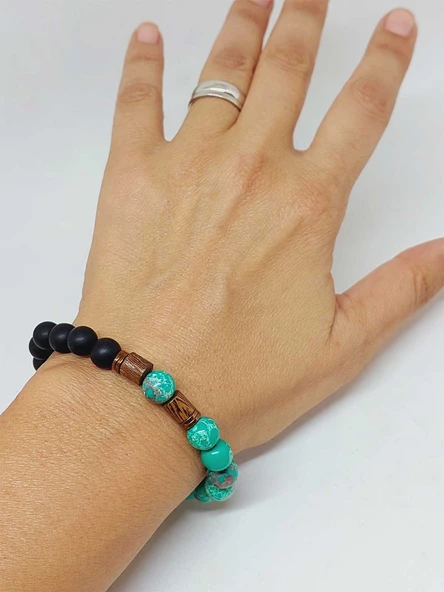 Varisit Turkuaz & Oniks Taşı 8mm Unisex Tasarım Bileklik Hawaii Model (15465) - Resim 4