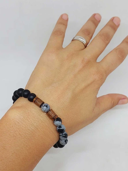 Kar Tanesi Obsidyen & Oniks Taşı 8mm Unisex Tasarım Bileklik Hawaii Model (5640) - Resim 4