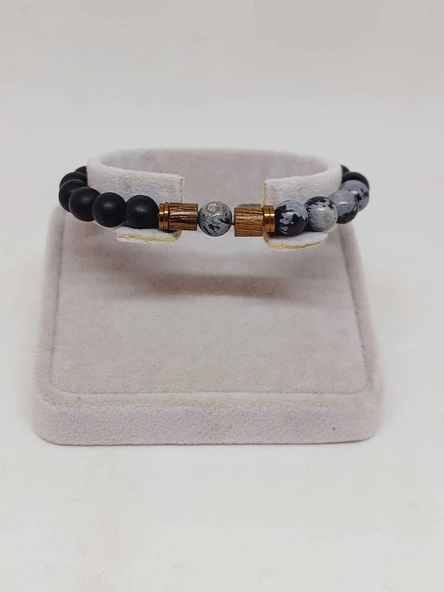 Kar Tanesi Obsidyen & Oniks Taşı 8mm Unisex Tasarım Bileklik Hawaii Model (5640) - Resim 2