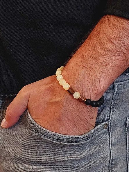 Kalsit & Oniks Taşı 8mm Unisex Tasarım Bileklik Hawaii Model (3205) - Resim 3