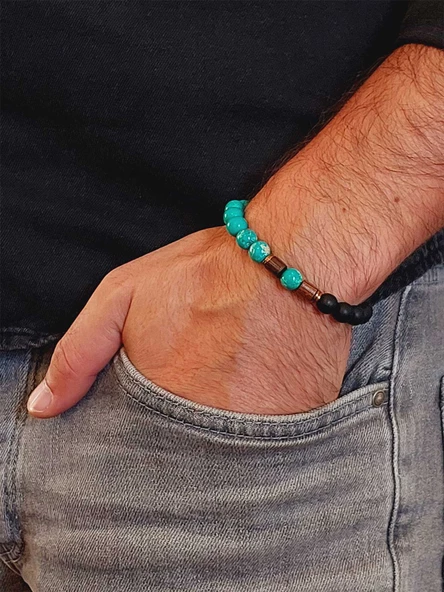 Varisit Turkuaz & Oniks Taşı 8mm Unisex Tasarım Bileklik Hawaii Model (15465) - Resim 3