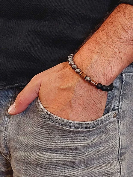 Terahertz & Oniks Taşı 8mm Unisex Tasarım Bileklik Hawaii Model (3892) - Resim 3