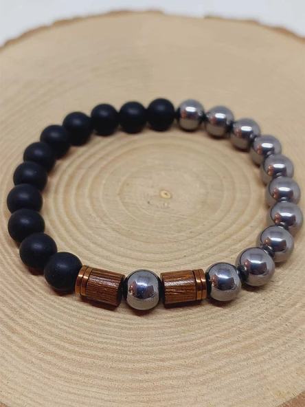 Terahertz & Oniks Taşı 8mm Unisex Tasarım Bileklik Hawaii Model (3892) - Resim 6