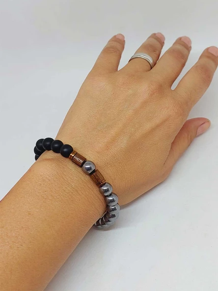 Terahertz & Oniks Taşı 8mm Unisex Tasarım Bileklik Hawaii Model (3892) - Resim 4