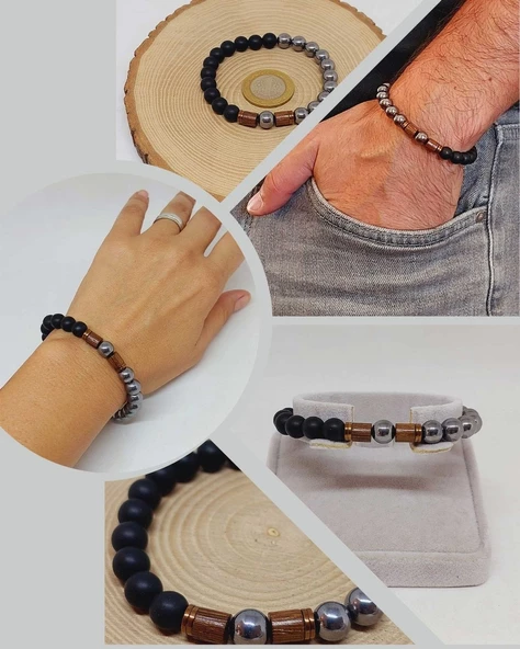 Terahertz & Oniks Taşı 8mm Unisex Tasarım Bileklik Hawaii Model (3892) ürün görseli