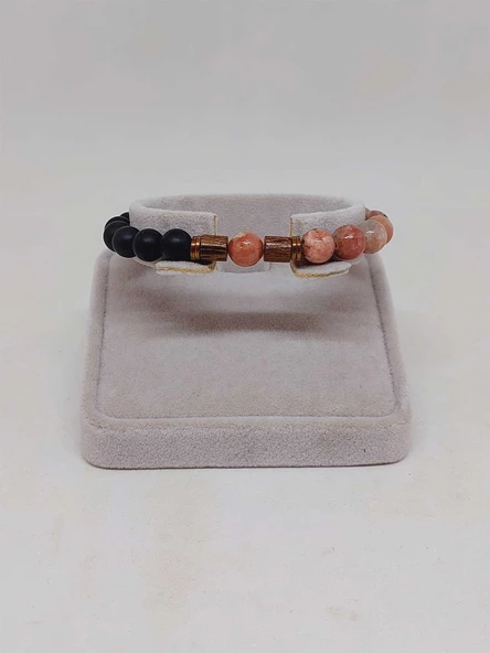 Jasper Pembe/Beyaz & Oniks Taşı 8mm Unisex Tasarım Bileklik Hawaii Model (24005) - Resim 2