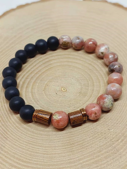 Jasper Pembe/Beyaz & Oniks Taşı 8mm Unisex Tasarım Bileklik Hawaii Model (24005) - Resim 6