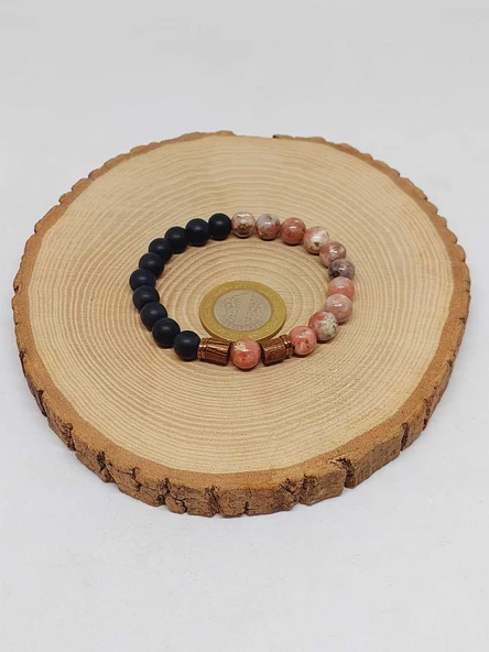 Jasper Pembe/Beyaz & Oniks Taşı 8mm Unisex Tasarım Bileklik Hawaii Model (24005) - Resim 5