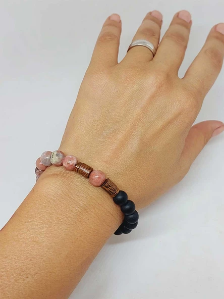 Jasper Pembe/Beyaz & Oniks Taşı 8mm Unisex Tasarım Bileklik Hawaii Model (24005) - Resim 4