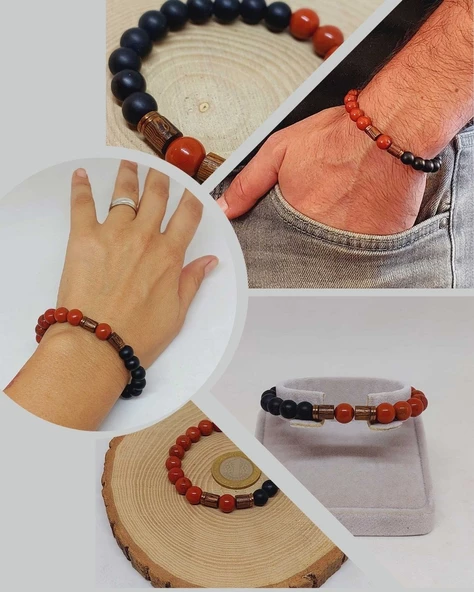 Kırmızı Jasper & Oniks Taşı 8mm Unisex Tasarım Bileklik Hawaii Model (22455) ürün görseli