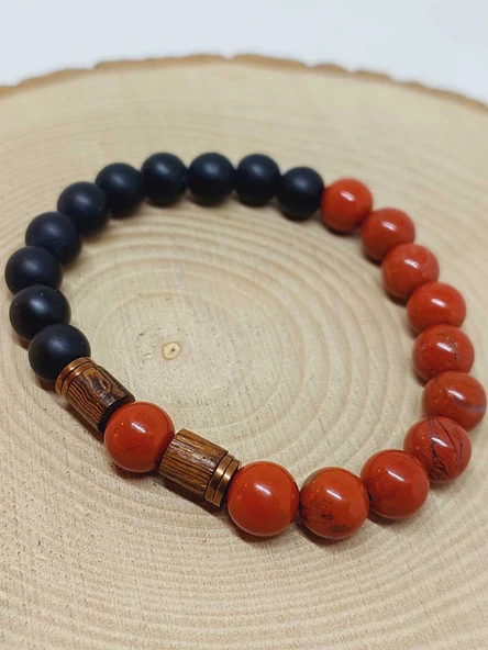 Kırmızı Jasper & Oniks Taşı 8mm Unisex Tasarım Bileklik Hawaii Model (22455) - Resim 6