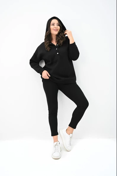 Kadın Büyük Beden Kapüşonlu Çıtçıt Detaylı Tayt Takım 8154-25 - 2