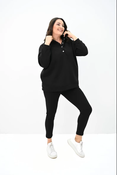 Kadın Büyük Beden Kapüşonlu Çıtçıt Detaylı Tayt Takım 8154-25 - 5