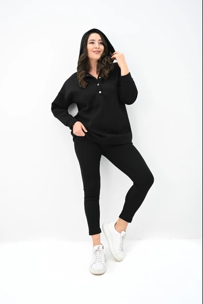 Kadın Büyük Beden Kapüşonlu Çıtçıt Detaylı Tayt Takım 8154-25 - 2