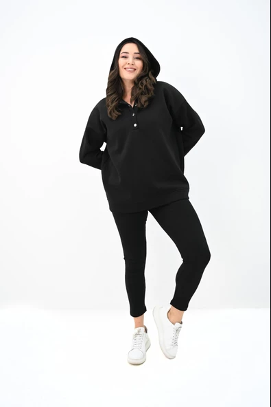 Kadın Büyük Beden Kapüşonlu Çıtçıt Detaylı Tayt Takım 8154-25 - 4