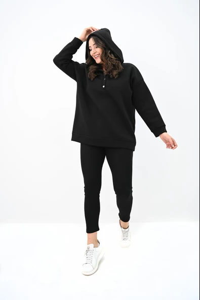 Kadın Büyük Beden Kapüşonlu Çıtçıt Detaylı Tayt Takım 8154-25 - 3