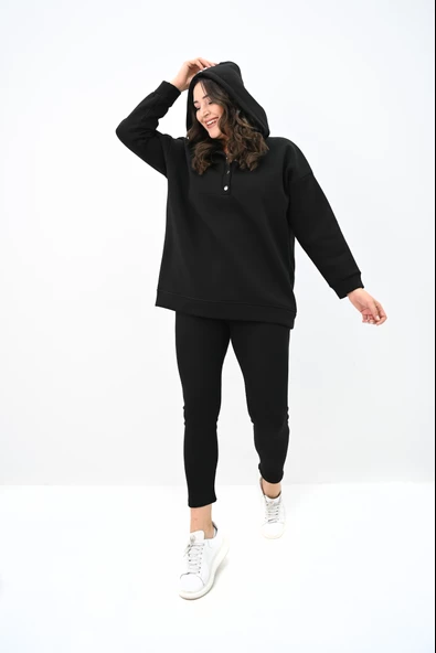 Kadın Büyük Beden Kapüşonlu Çıtçıt Detaylı Tayt Takım 8154-25 - 3