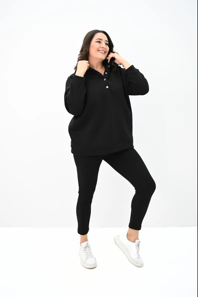 Kadın Büyük Beden Kapüşonlu Çıtçıt Detaylı Tayt Takım 8154-25 - 5