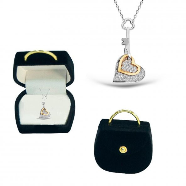 Kadife Çanta Kutusunda 925 Ayar Gümüş Kalbimin Anahtarı Kolye