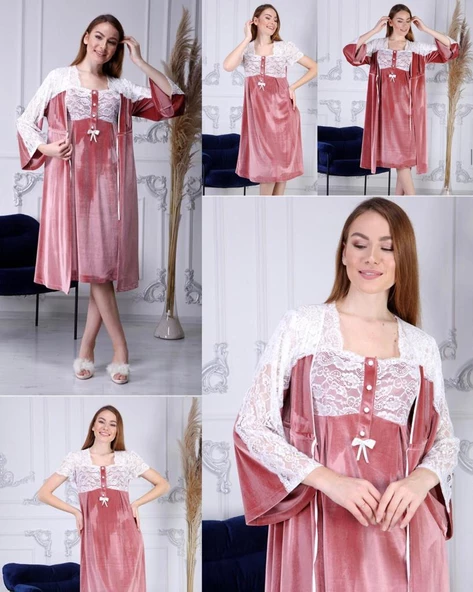 Duchesse 7008 Gülkurusu Kadife Hamile Lohusa Gecelik Sabahlık Takım - 5