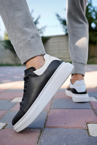 Valendo Siyah Beyaz Garantili Erkek Günlük Casual Bağcıklı Tabanlı Sneaker Ayakkabı VALENDO-5141 - 5
